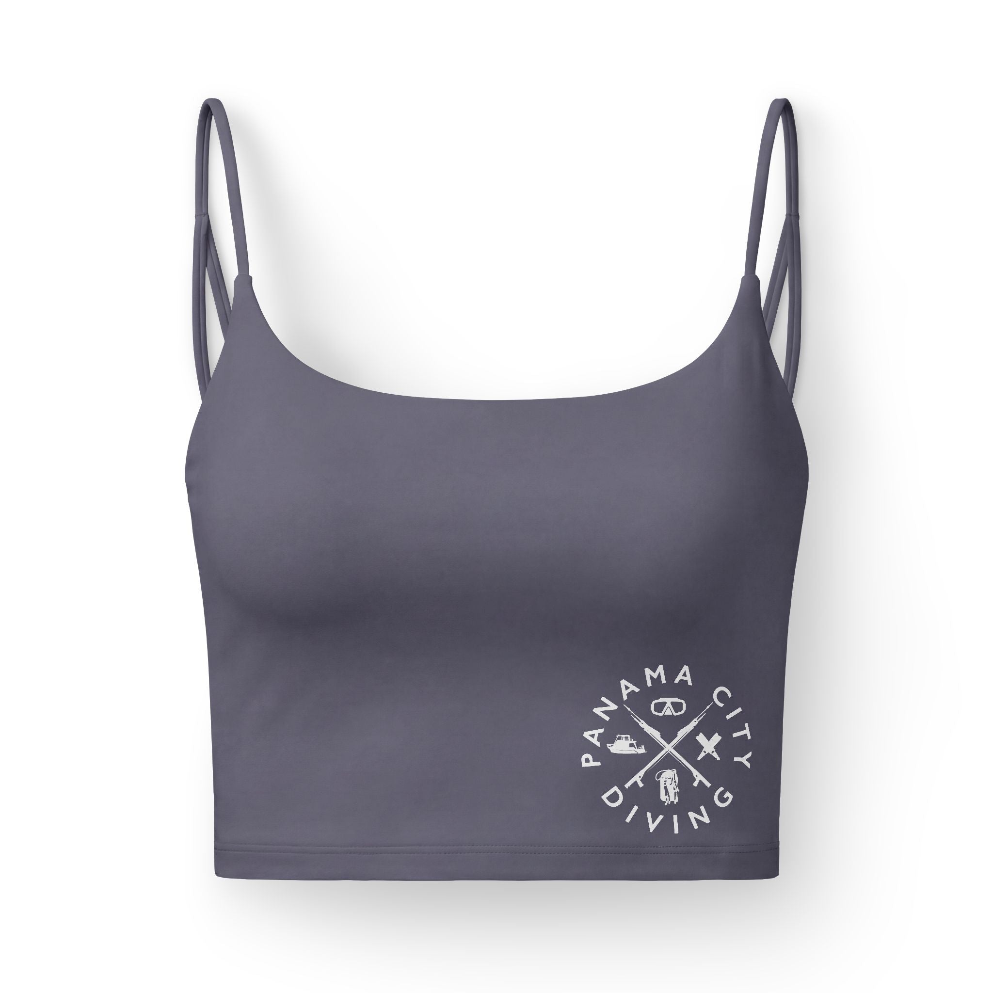 Panama City Living Luxe Crop Bra — Women's Black Strappy Sports Bralette with "Tug" the Turtle Accent