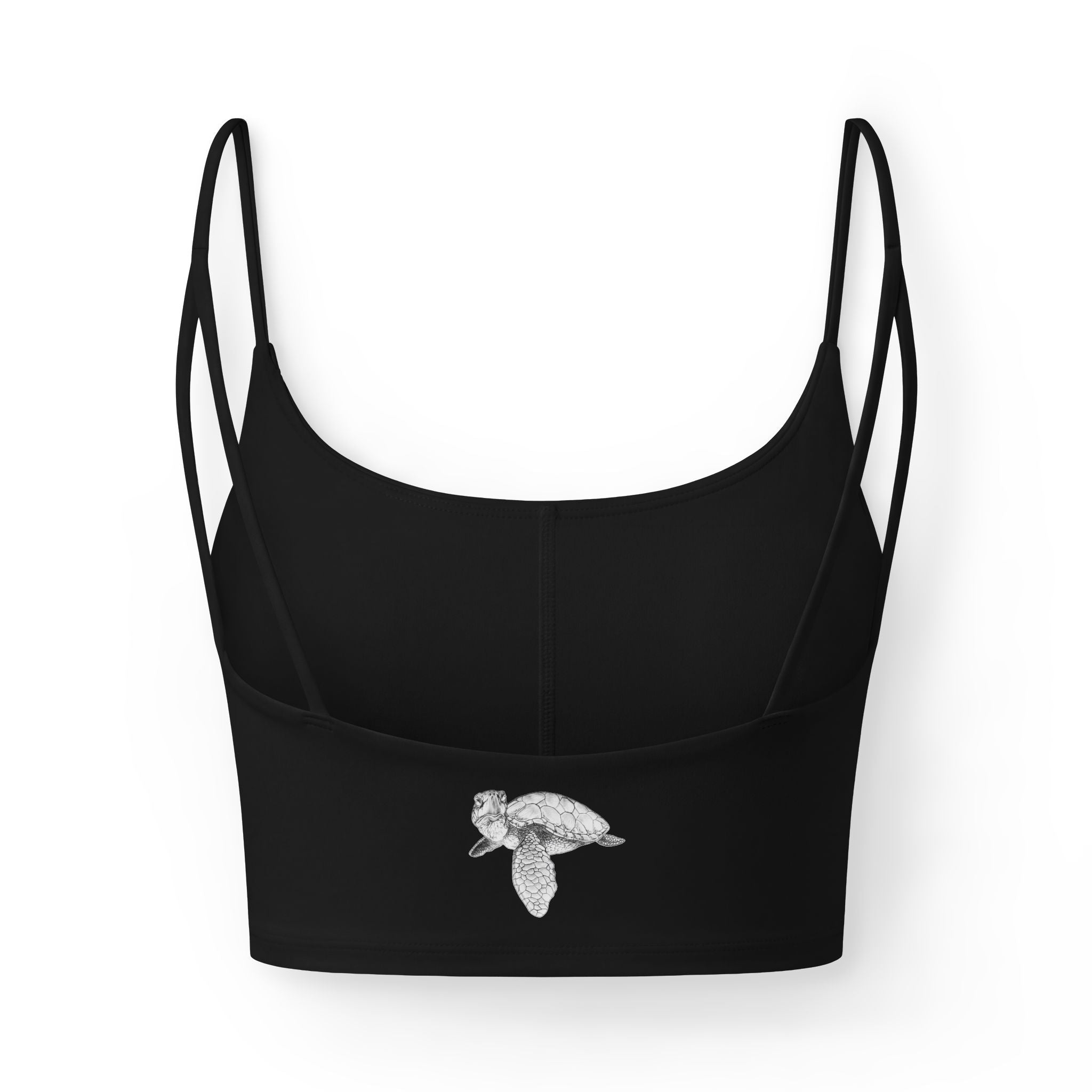 Panama City Living Luxe Crop Bra — Women's Black Strappy Sports Bralette with "Tug" the Turtle Accent